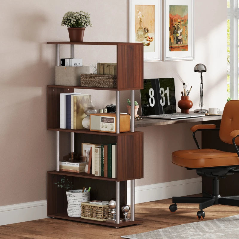 5-Tiers Geometric Wooden Bookcase S-Shaped Storage Bookshelf Display with Metal Frame for Living Room, Bedroom, Home Office, Walnut