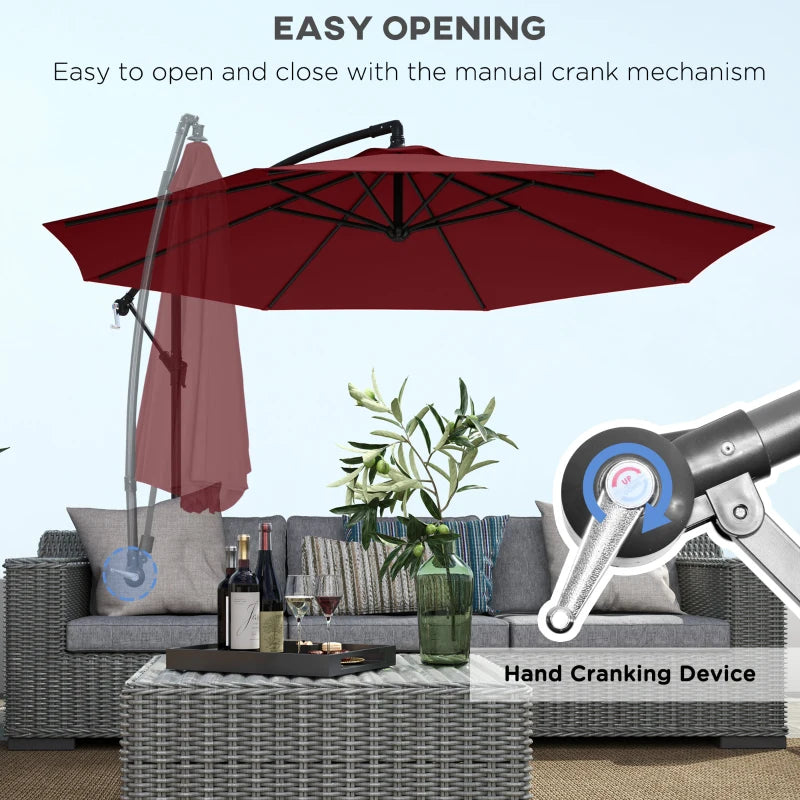 9.7ft Offset Patio Umbrella Garden Hanging Parasol Banana Cantilever Umbrella with Base, Crank, Wine Red