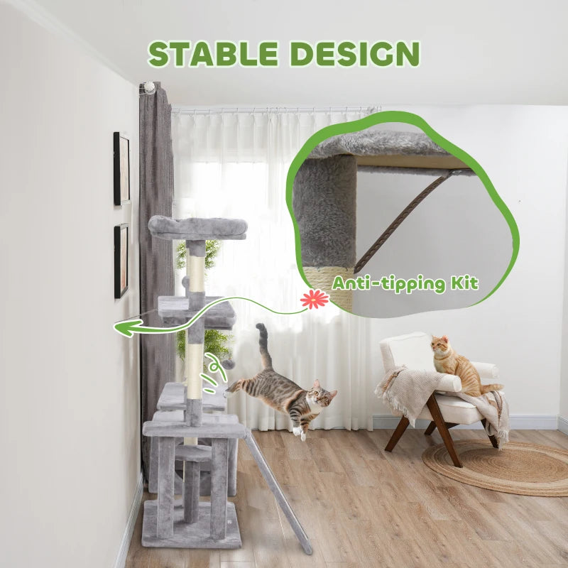 53" Cat Tree, Cat Tower with Scratching Posts, Cat Condo, Beds, Platforms, Toy Balls for Indoor Cats, Light Grey