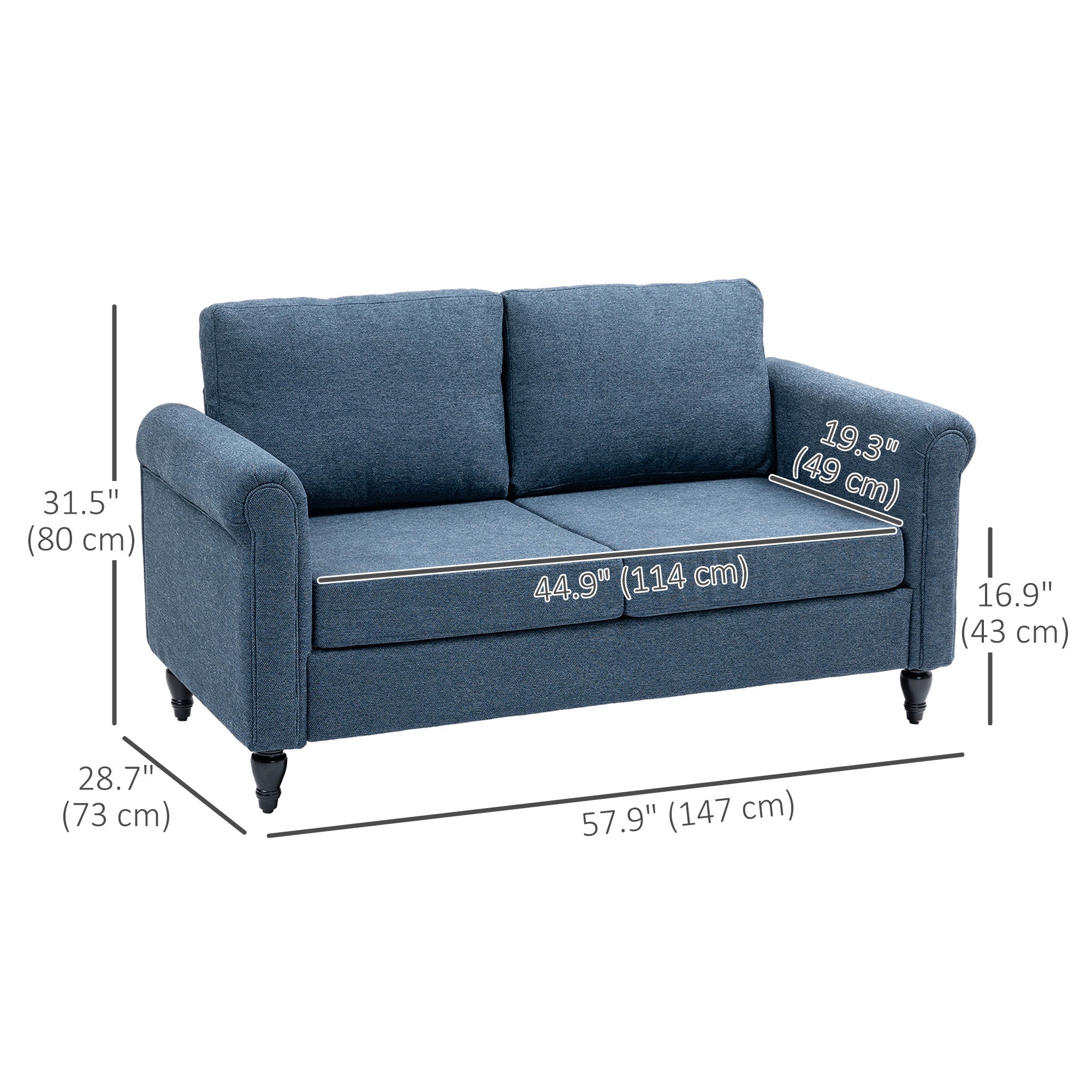 HOMCOM Vintage Loveseat, Upholstered Love Seat Furniture, Fabric 2 Seater Sofa with Rolled Arms, Rubber Wood Legs, Dark Blue 