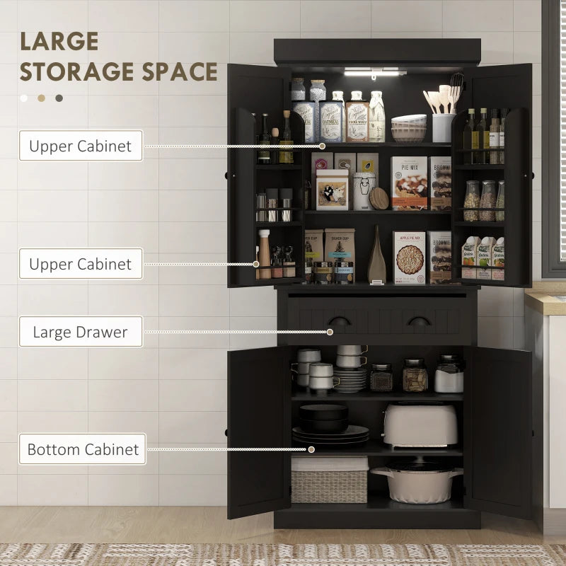 71" Kitchen Pantry Cabinet with LED Lights, 6 Spice Racks, a Drawer and 4 Adjustable Shelves, Black
