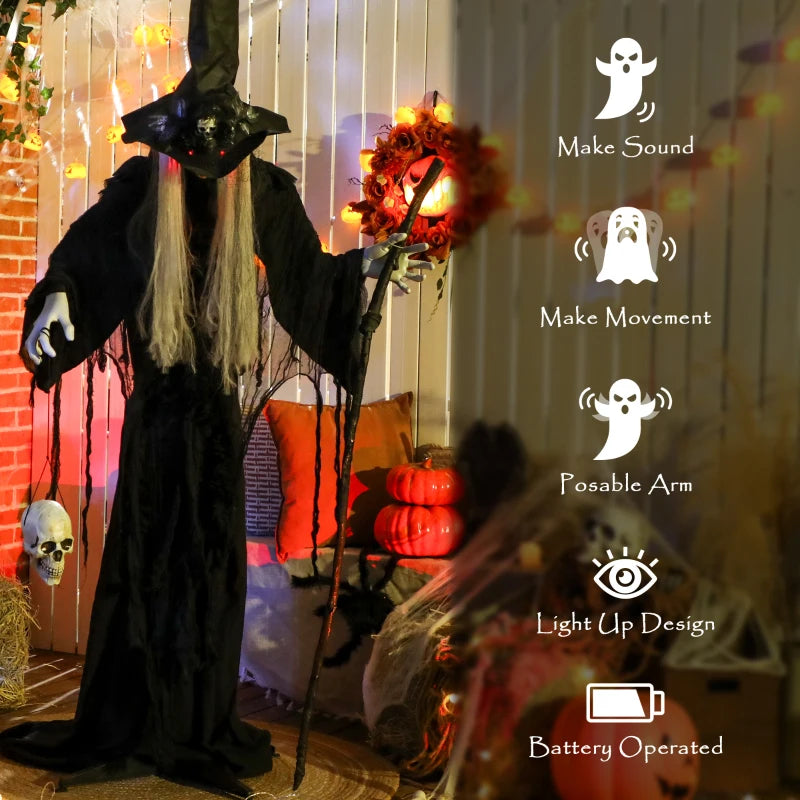Outsunny 5ft Life-Size Animated Standing Witch – Voice & Sound Activated, Moving Head & Flashing Eyes, Indoor Halloween Prop 