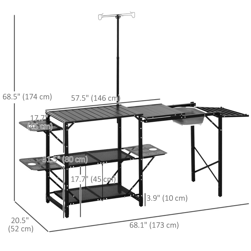 Folding Camping Kitchen, Portable Aluminum Cook Station with Carrying Bag, 3 Side Tables, 2 Shelves for BBQ, Black