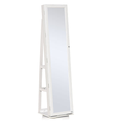 HOMCOM 360 Swivel Jewelry Cabinet with Full Length Mirror Lockable Organizer White 