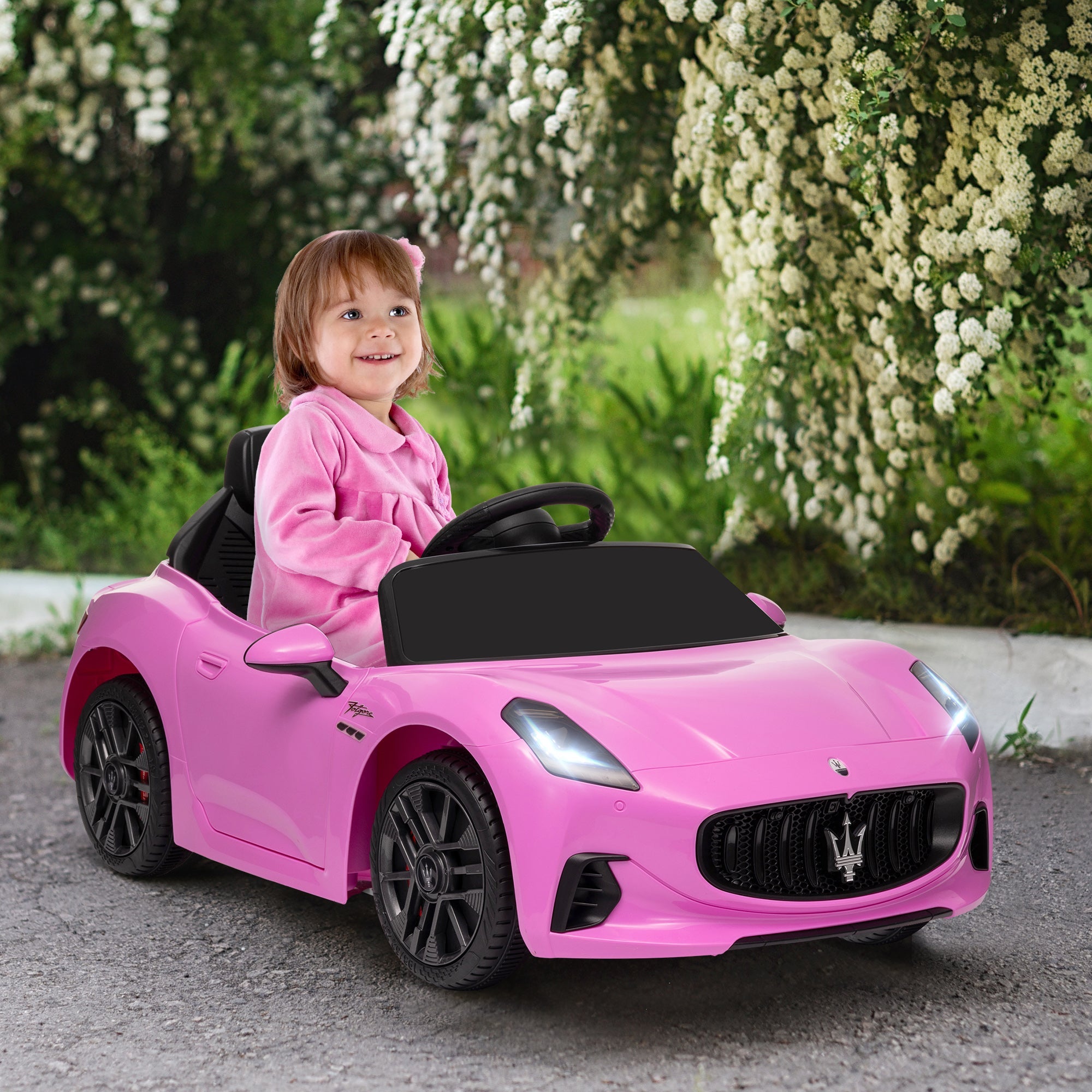 Qaba 12V Maserati Gran Turismo Licensed Kids Electric Car w/ Remote Control, Soft Start, LED Lights, Music, Horn, MP3, Pink 