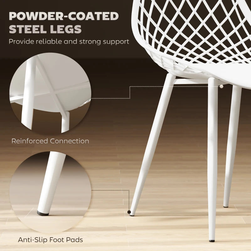 Modern Dining Chairs Set of 4, Plastic Kitchen Chairs with Hollow Backrest and Metal Legs for Living Dining Room, White