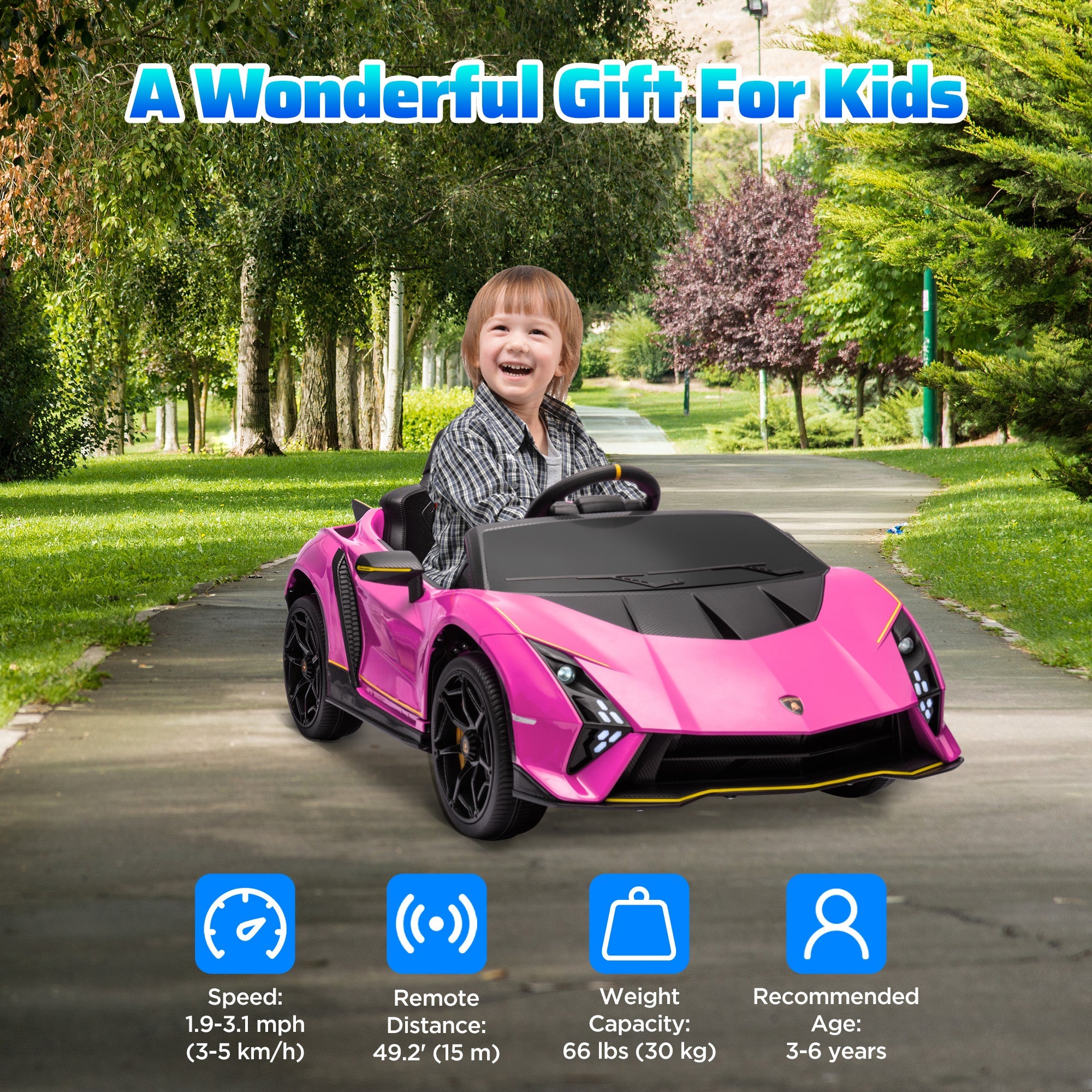 Qaba 12V Lamborghini Autentica Licensed Kids Car with Remote Control, 4 Wheels Spring Suspension, Soft Start, Pink 