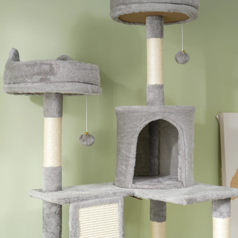 81" Large Cat Tree w/ Scratching Posts, Condos, Beds, Hammocks, Jumping Platforms, Toy Balls, Rope Cat Toy, Light Grey
