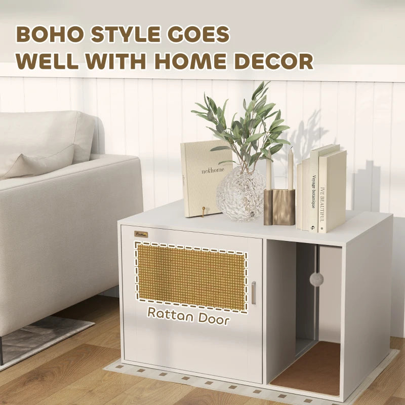 Cat Litter Box Enclosure, Cat Washroom End Side Table with Rattan Door, Scratching Pad, Non-slip Foot Pads, White