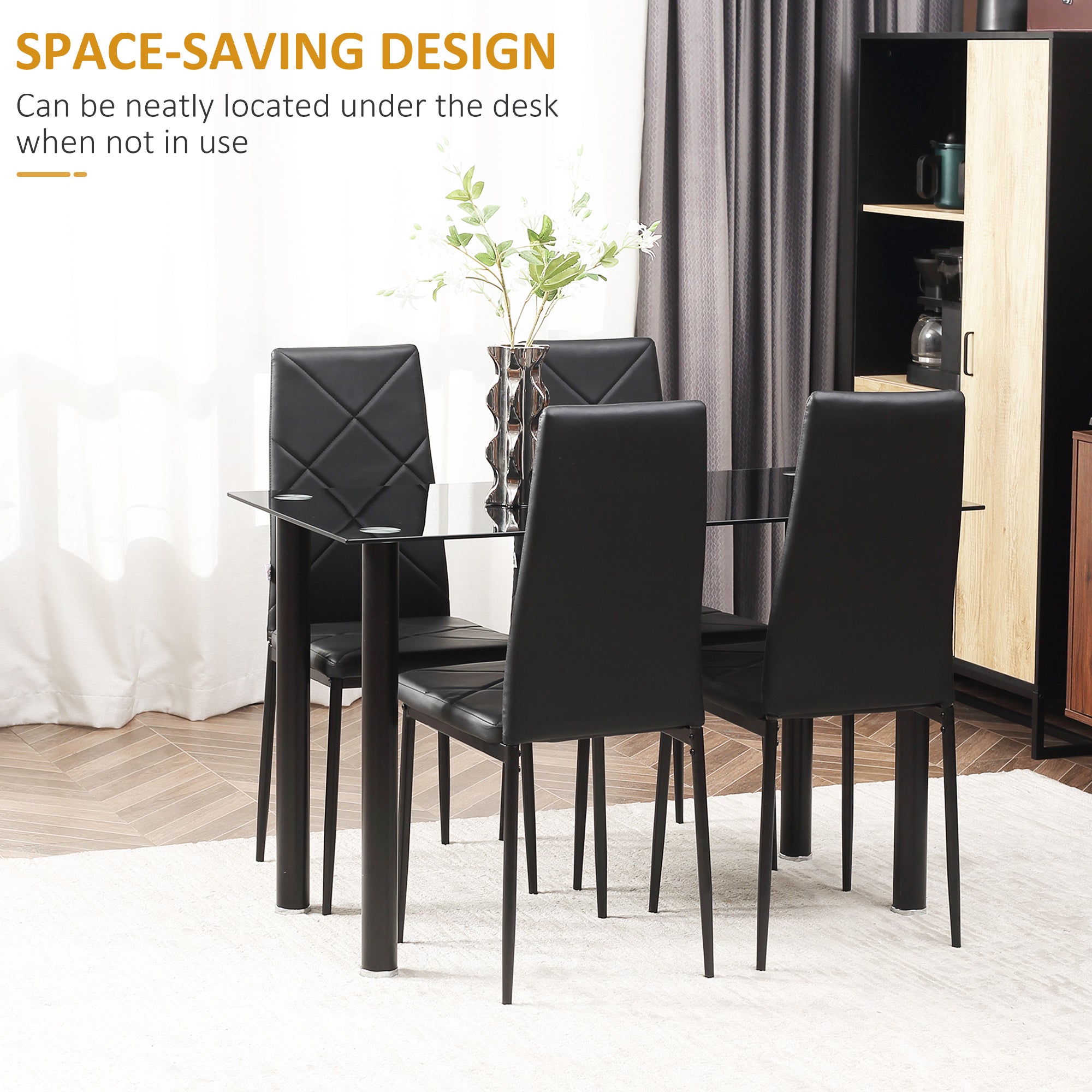 HOMCOM Dining Table and Chairs Set for 4, Modern 5 Pieces Kitchen Table Set with Glass Table, Padded Seat and Steel Frame 