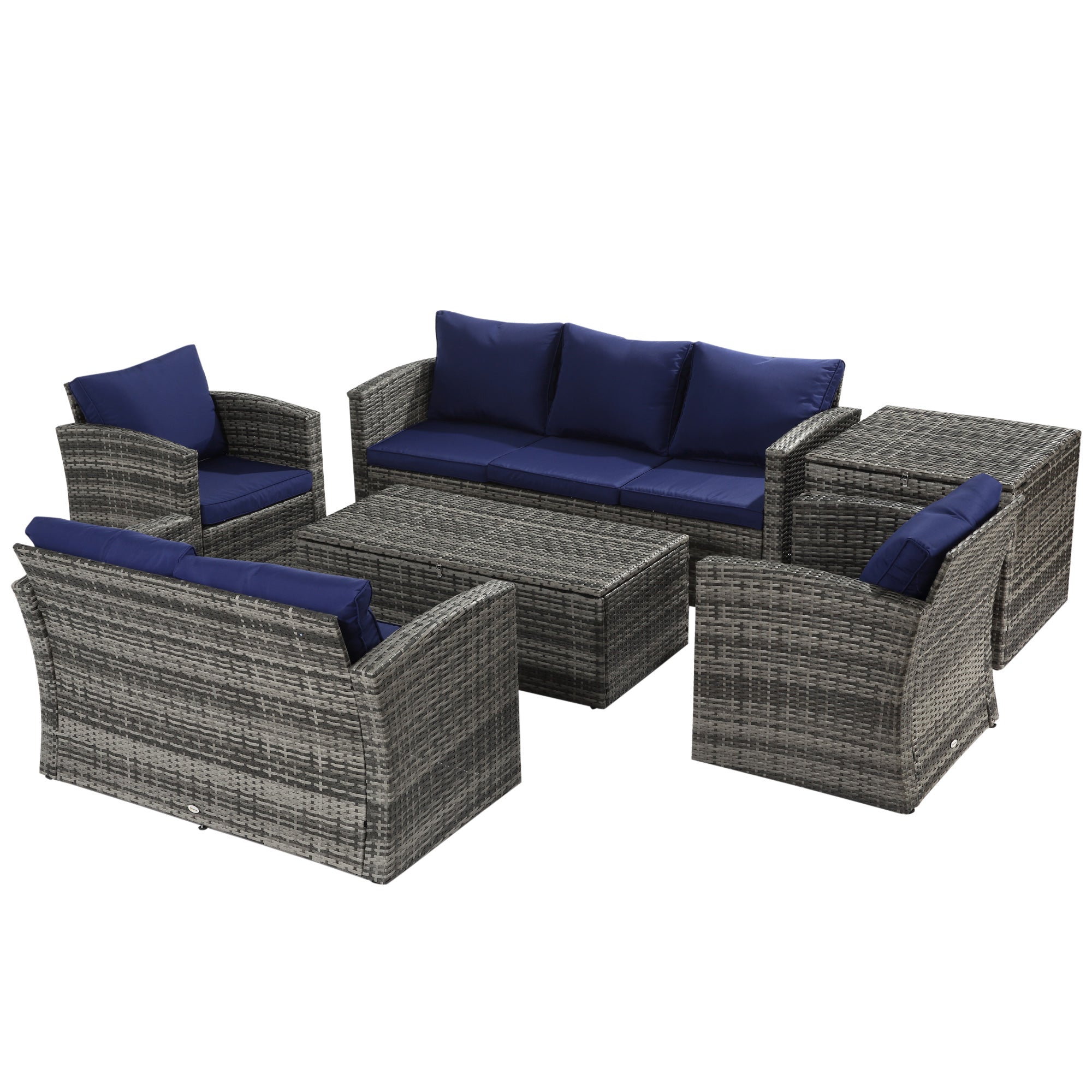 Outsunny 6 Piece Patio Furniture Set, Rattan Wicker Patio Sofa Set Sectional Outdoor Conversation Sofa Set Storage Table & Cushions, Navy Blue 