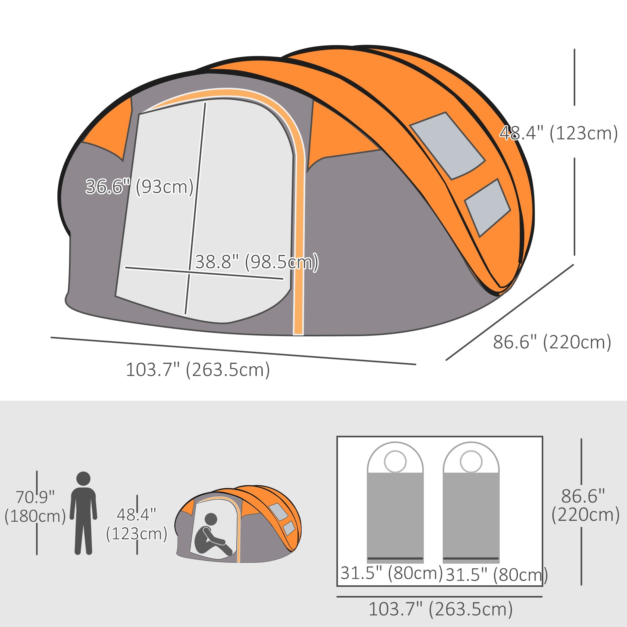 Outsunny 5-Person Pop Up Camping Tent, Easy Setup, Orange, with Doors, Windows, Carry Bag 