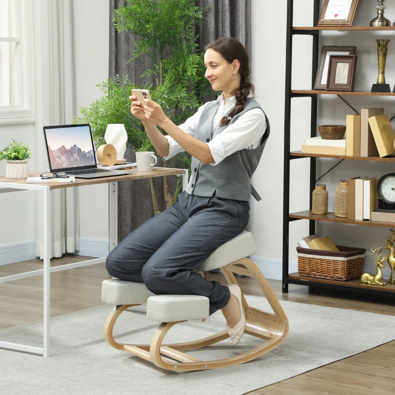 Ergonomic Kneeling Chair, Wood Kneel Stool with Thick Pads, Desk Knee Chair, Improve Posture, Cream White