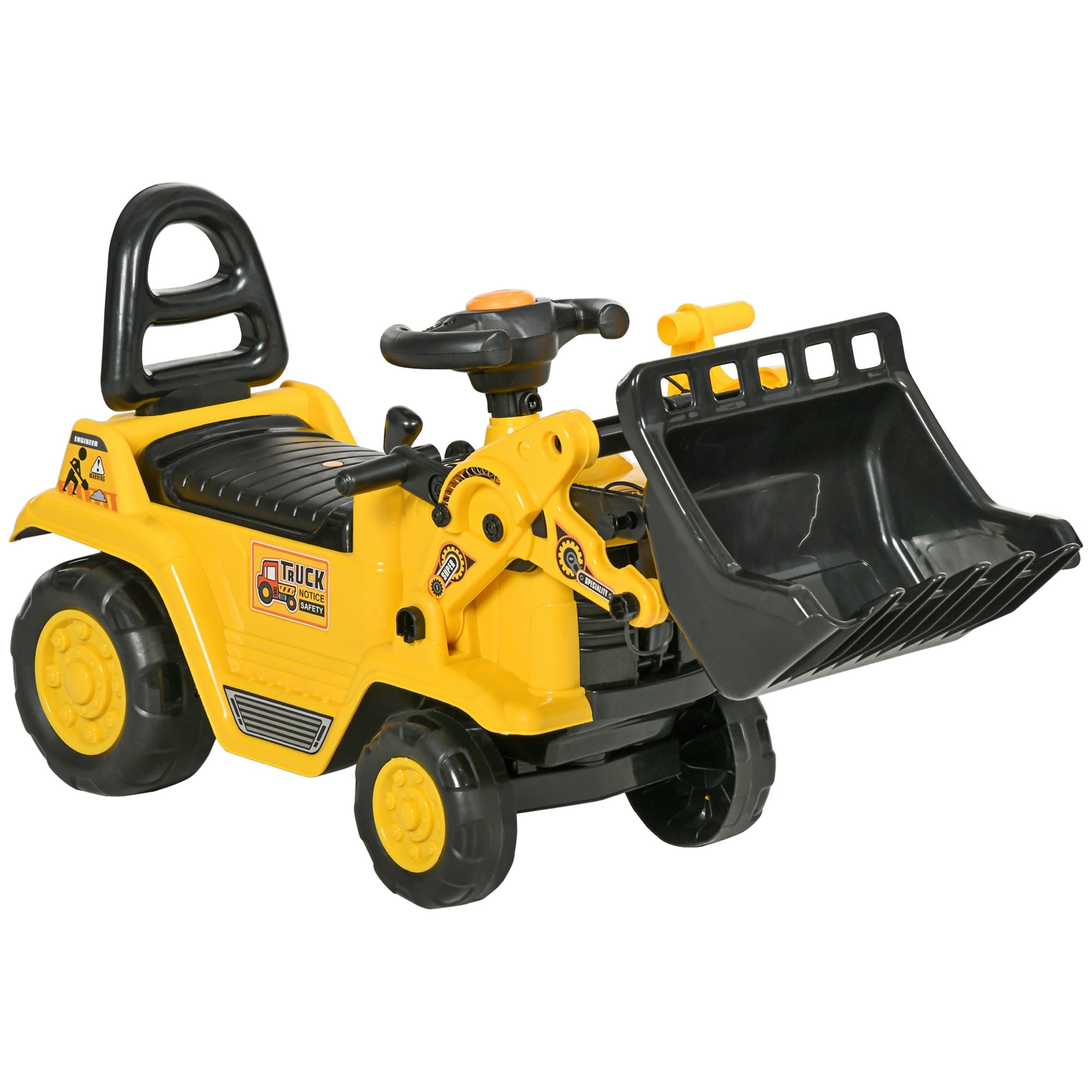 HOMCOM Kids Ride-On Bulldozer Toy with Excavator Bucket Horn Steering Wheel Under Seat Storage for Toddlers Yellow 