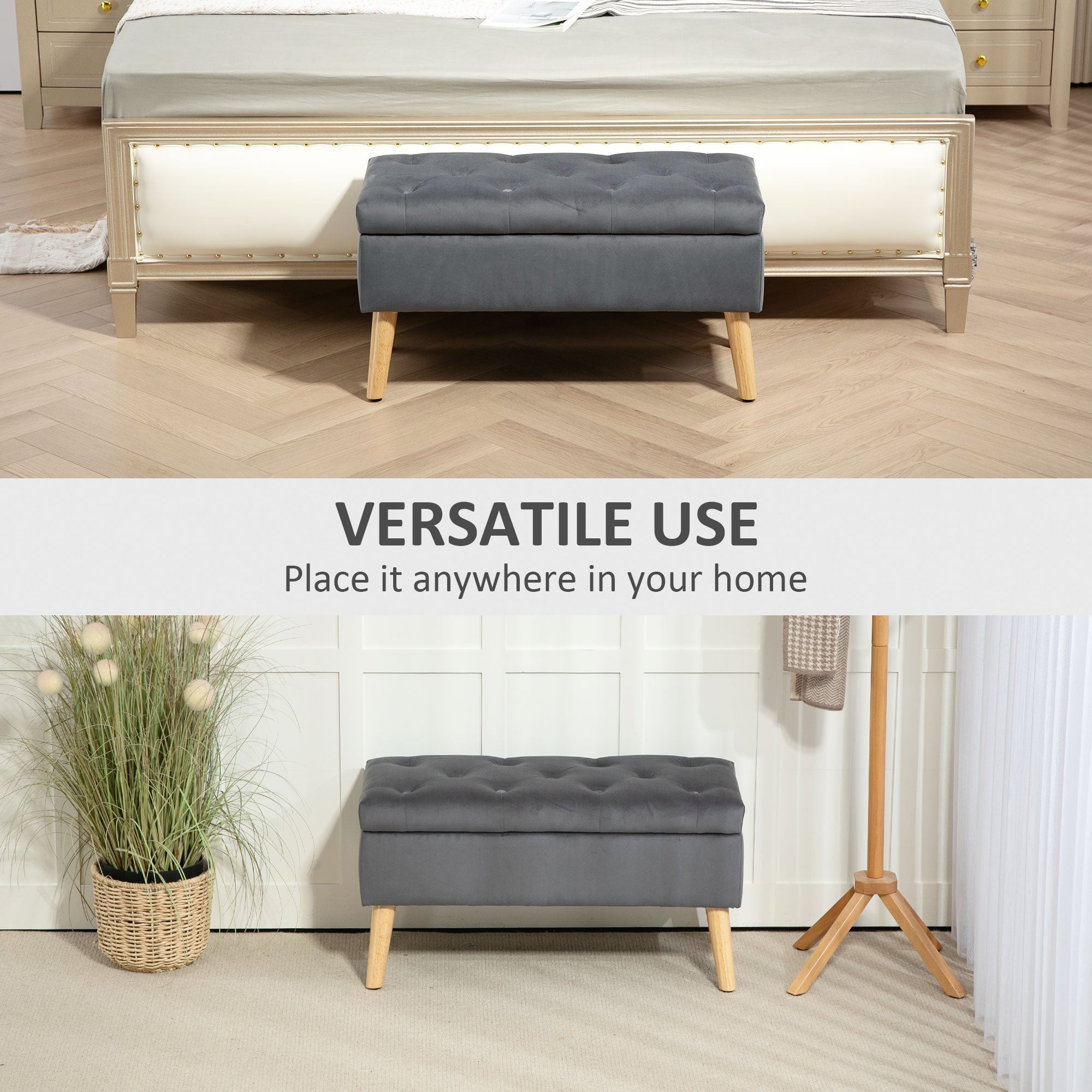 HOMCOM Storage Ottoman with Lid, Velvet Upholstered Storage Bench with Wood Legs for Living Room, Charcoal Grey 