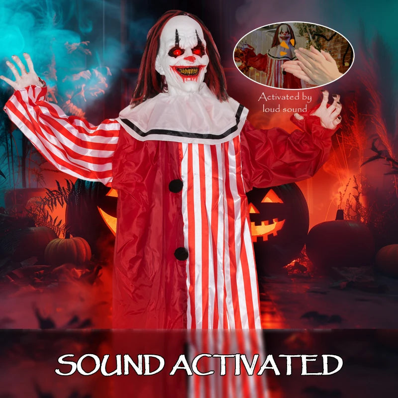 Outsunny Life-Size Halloween Animated Clown – Red Light-Up Eyes, Sound Activated, Battery Operated 