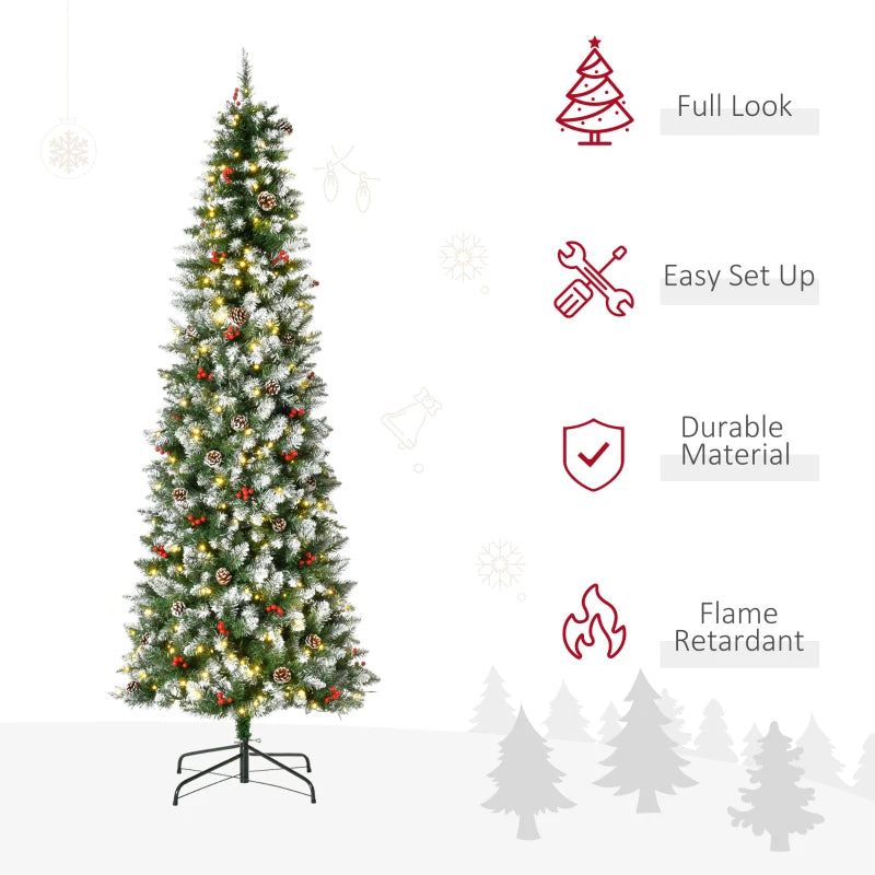 HOMCOM 7.5FT Prelit Snow Flocked Christmas Tree with Warm White LED Lights, Artificial Holiday Decoration 