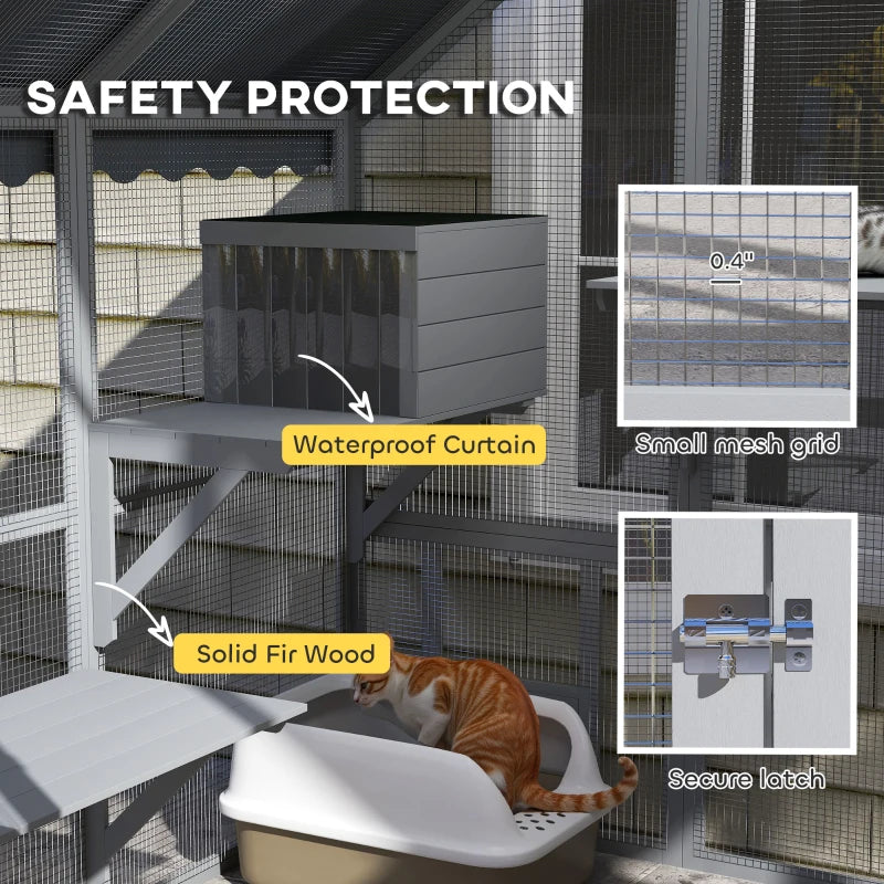 Large Catio Outdoor with Waterproof Cover, 2 Resting Boxes, 4 Platforms, Bridge, for 2-4 Kittens, Grey