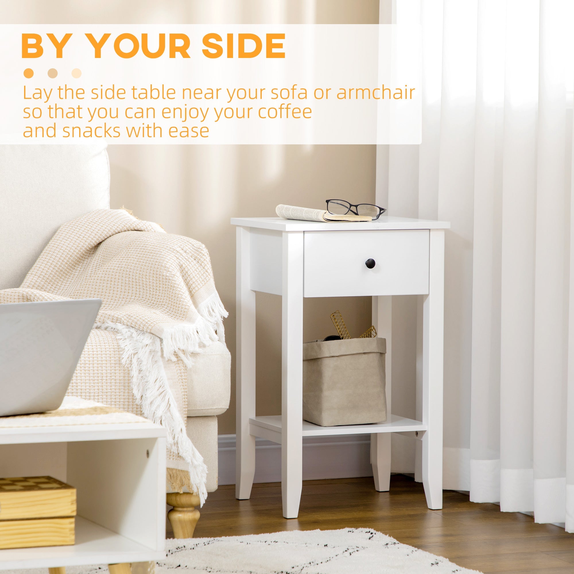 HOMCOM Contemporary 2-Tier Table: Side End Table with Drawer and Bottom Shelf for Living Room, Bedroom, Crisp White 