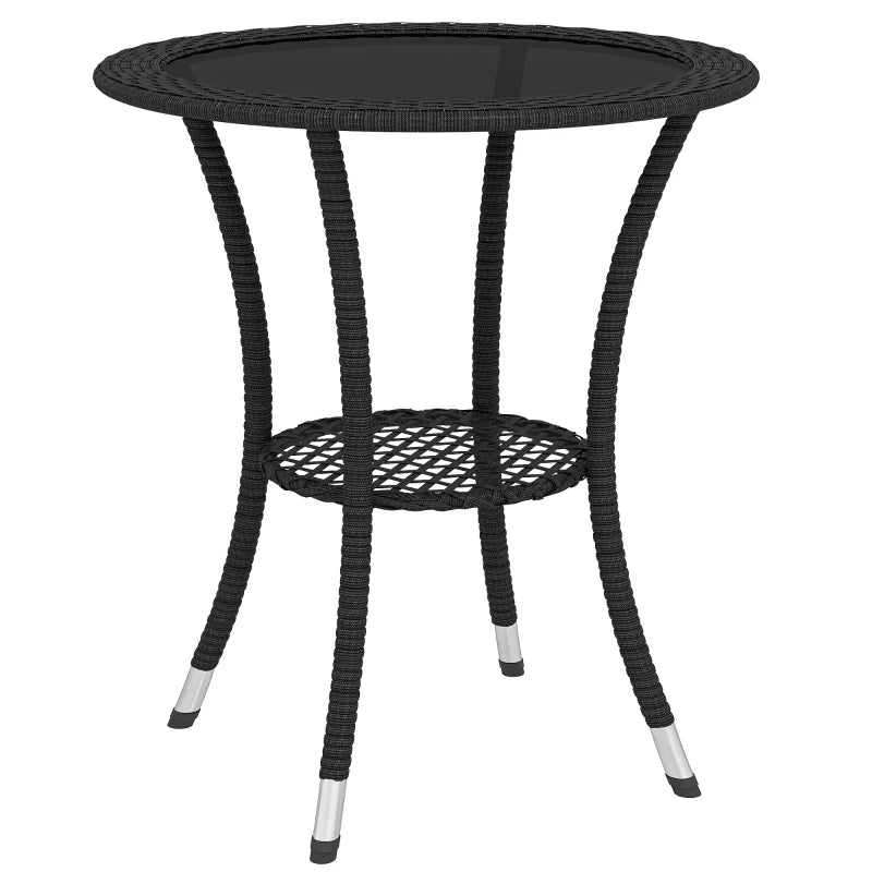 Outdoor Rattan Dining Table, Patio Wicker Round Coffee Table with 2-Tier Storage Shelf, Black