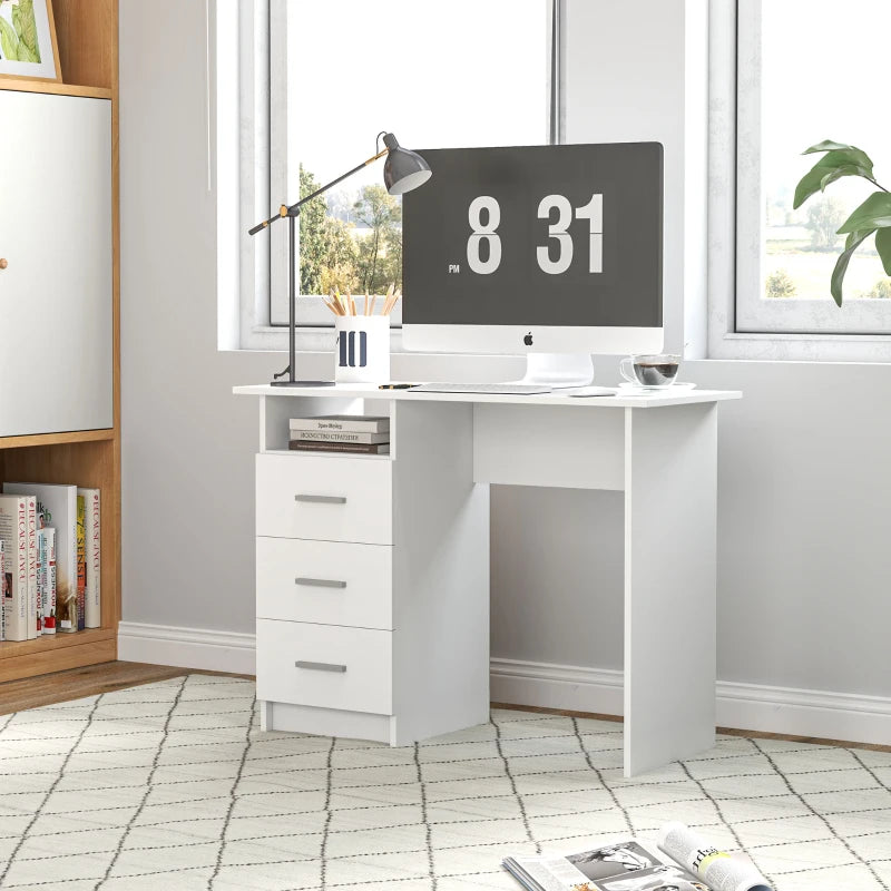 Computer Desk with Storage, 39" Home Office Desk with 3 Drawers nad Open Shelf, Writing Table for Bedroom, White
