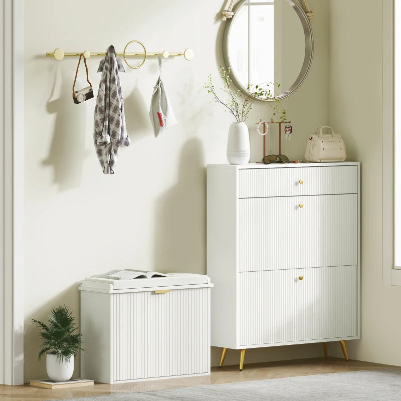 Entryway Bench with Padded Seat and Flip-Drawers, Holds up to 265lbs, Shoe Storage Bench for 6 Pairs of Shoes, White