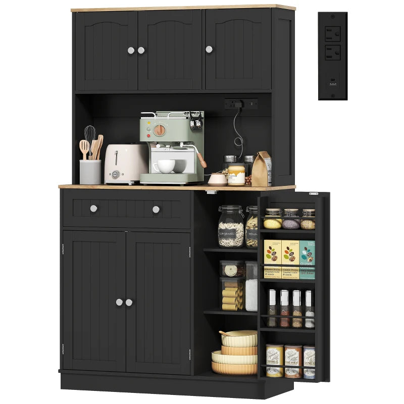 68" Pantry Cabinet with Charging Station, Kitchen Storage Cabinet with Microwave Stand, 4 Door Racks, Black