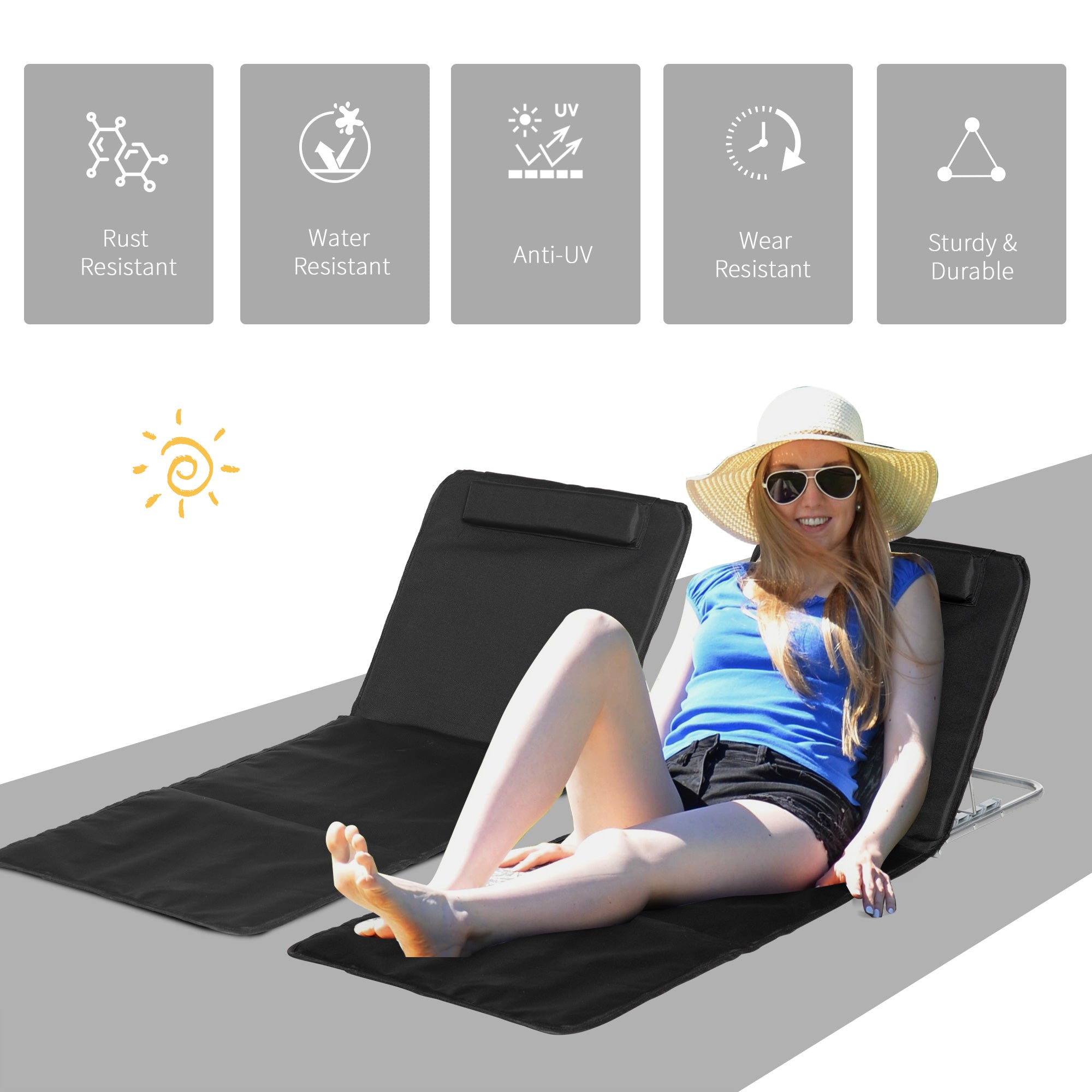 Outsunny 2 Pieces Beach Lounge Chair, Outdoor Folding Chaise Lounge Set w/ Pillow for Sunbath, Snap, Black 