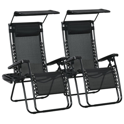 Outsunny Zero Gravity Chair 2pc Adjustable Patio Lounge Recliner with Cup Holder Canopy Shade Black 