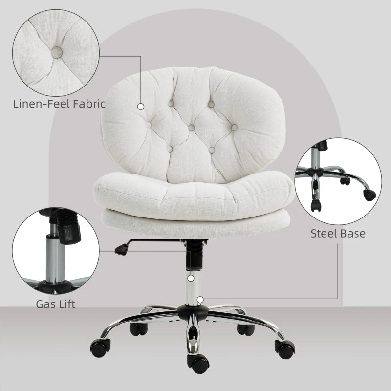 Computer Desk Chair, Armless Office Chair with Wide Padded Seat and Adjustable Height, Cream White