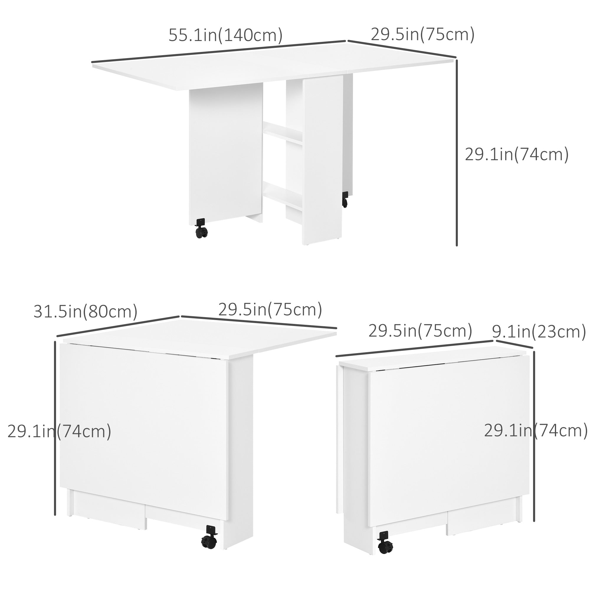 HOMCOM Drop Leaf Table Folding Dining Table Multifunctional Expandable with 2 Shelves 