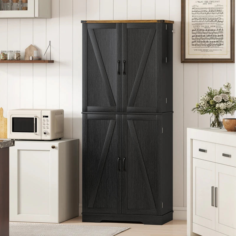 72" Kitchen Pantry Cabinet, Farmhouse Storage Cabinet with 4 Doors, Drawer, 8 Door Shelves and Adjustable Shelf, Black