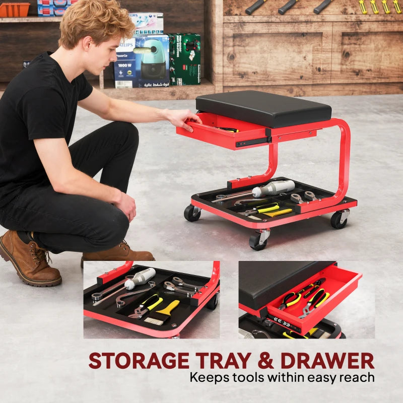 Rolling Garage Stool, 300 LBS Capacity Mechanic Stool with, Tool Trays Storage, Drawer, Black