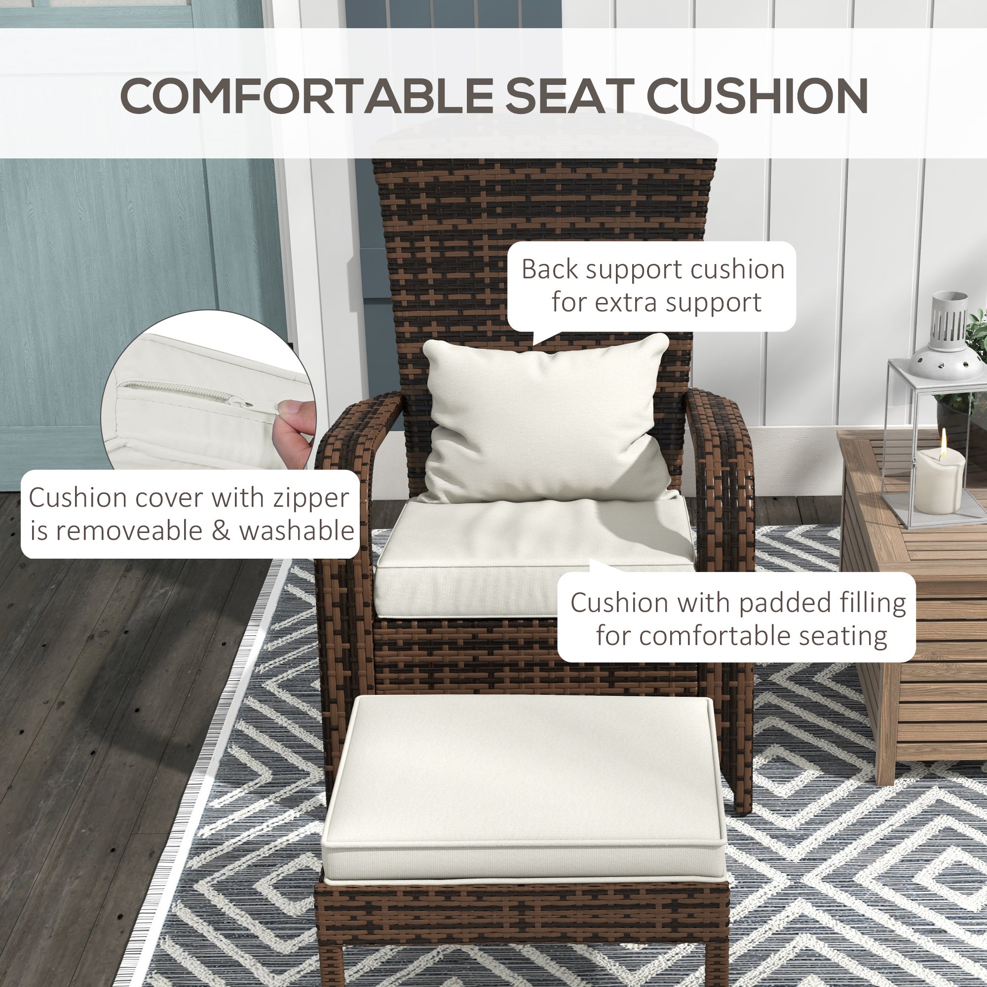 Outsunny Wicker Adirondack Chair with Ottoman, Patio Cushioned Muskoka Chair with Armrests Brown/Cream White 