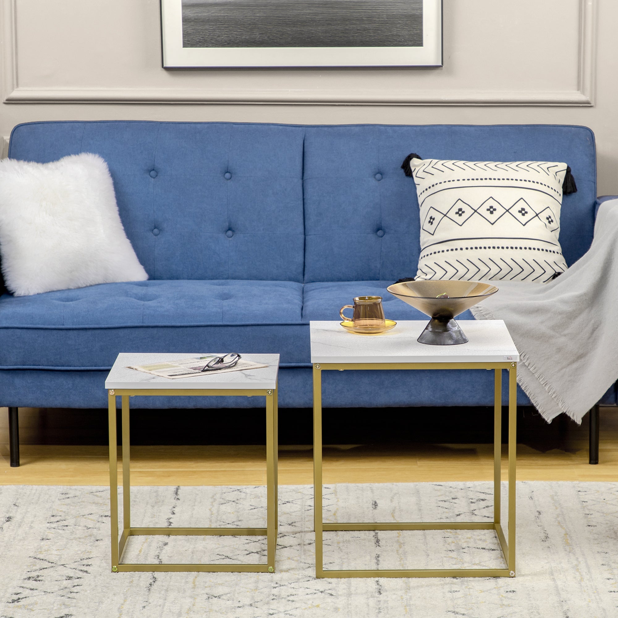 Homcom White Nesting Side Tables: 2-Piece Square Stacking Set with Metal Frame for Living Room/Bedroom 