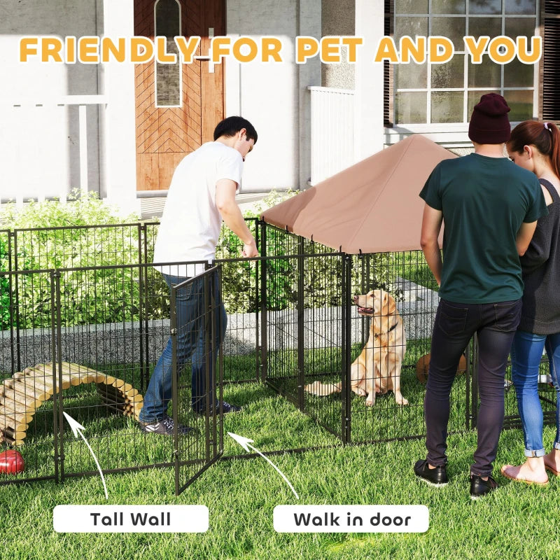 Outdoor Dog Kennel with 2 Rooms, Rotating & Adjustable Height Bowls, Waterproof UV-Resistant Cover, 16.2' x 4.7' x 5.1'