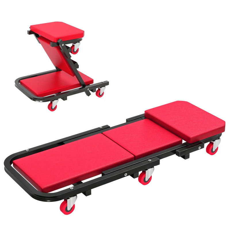 Automotive Z Creeper Seat, 2-in-1 330 lbs Rolling Garage Mechanic Creeper & Stool with Pad, 6 Wheels, Red