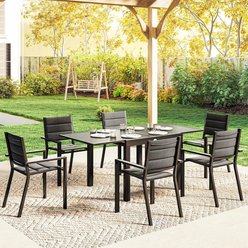 Patio Dining Set for 6, Aluminum Expandable Outdoor Table and 6 Stackable Chairs with Padded Back, Mesh Seat, Black