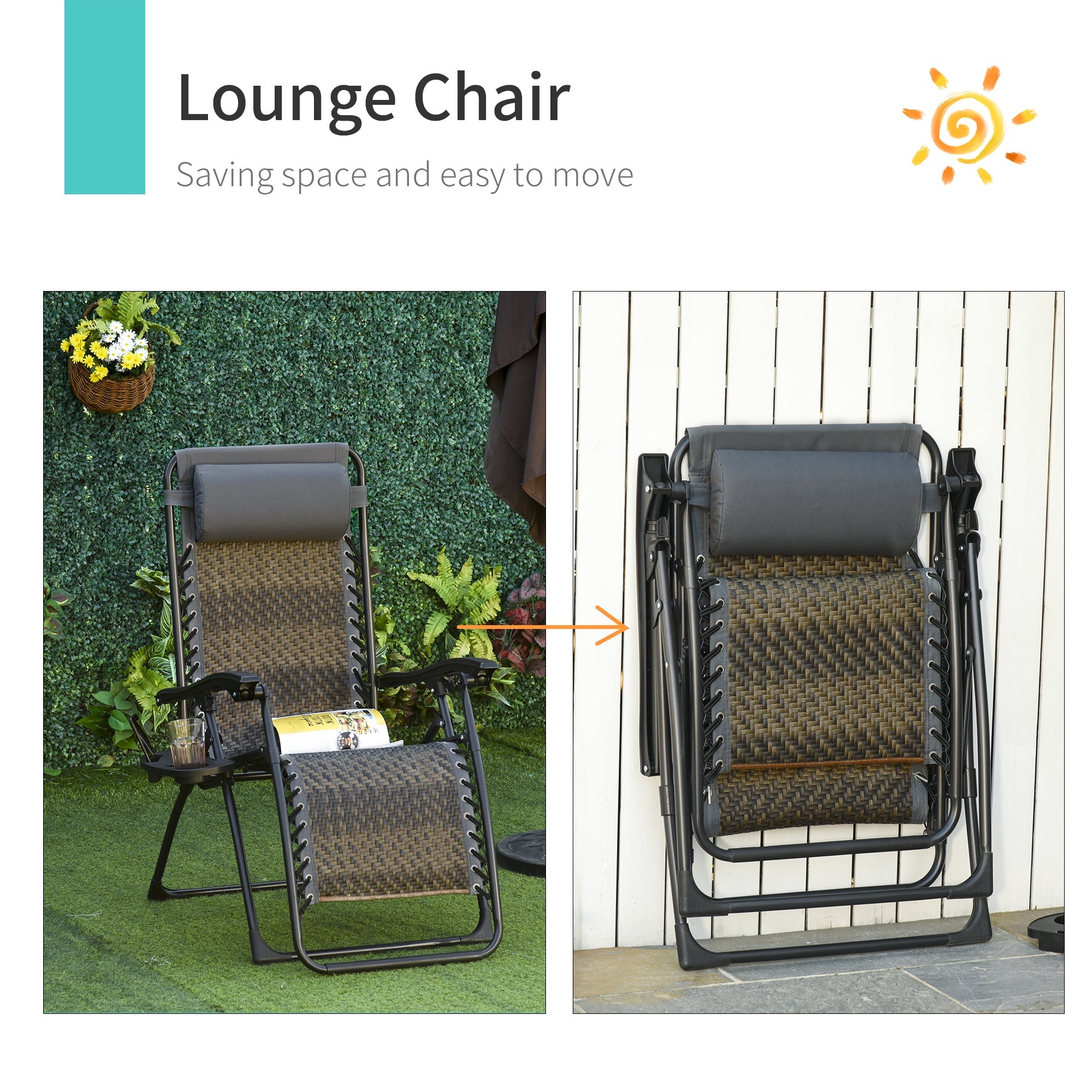 Outsunny Zero Gravity Outdoor Folding Lounge Chair with Headrest Cup and Phone Holder Grey 