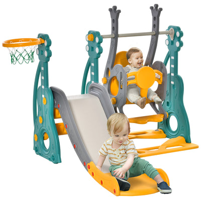 Qaba 3-IN-1 Kids Swing and Slide Set with Basketball Hoop Slide Swing Adjustable Seat Height Toddler Playground Activity Center 