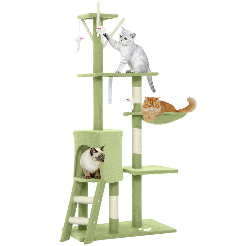53" Cat Tree Tower, Kitten Activity Centre with Scratching Posts, Condo, Perches, Ladder, Hammock, Dangling Toys, Green