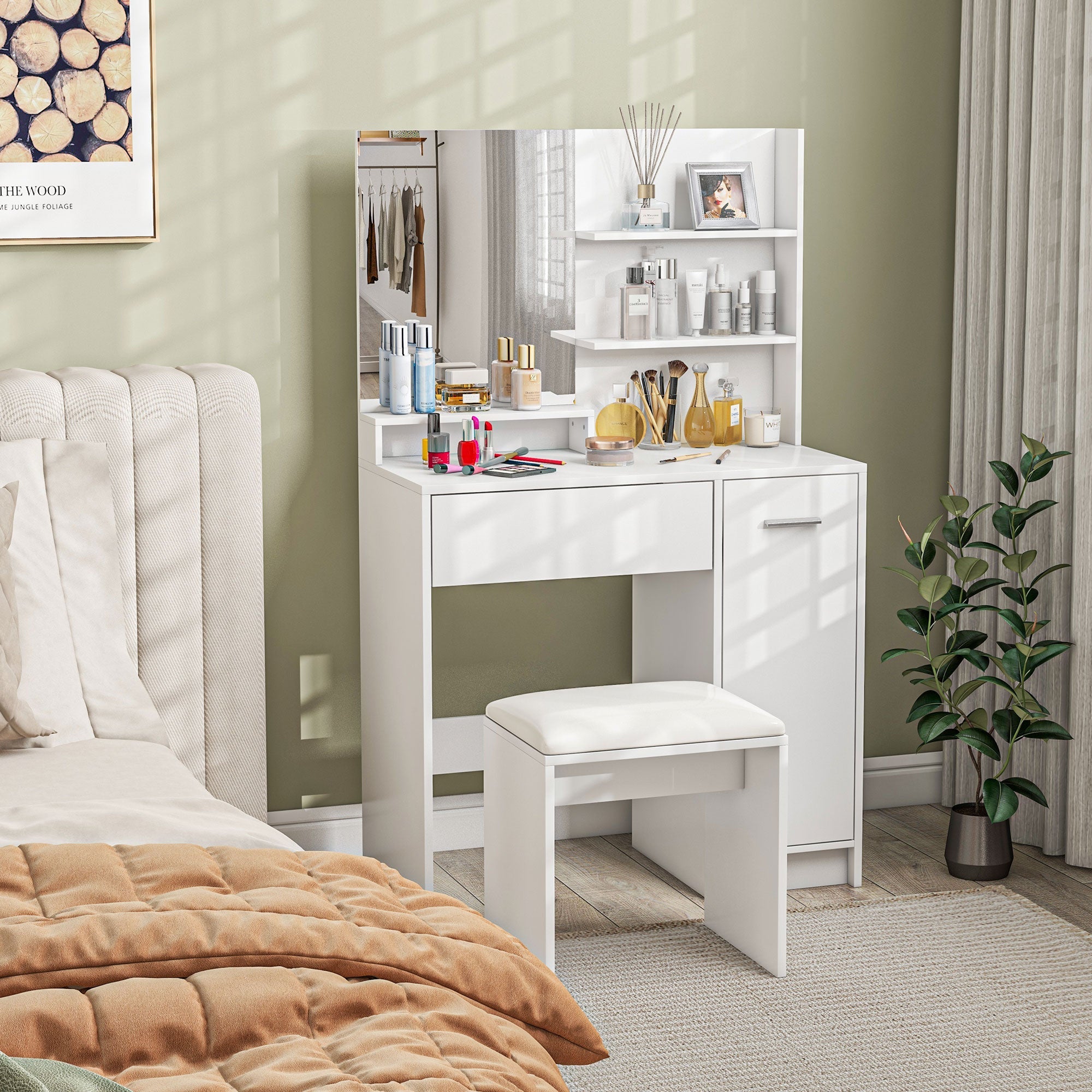 HOMCOM Vanity Set with Mirror and Stool, Makeup Vanity Table with Storage Drawer, Cabinet, Adjustable Shelf for Bedroom, White 