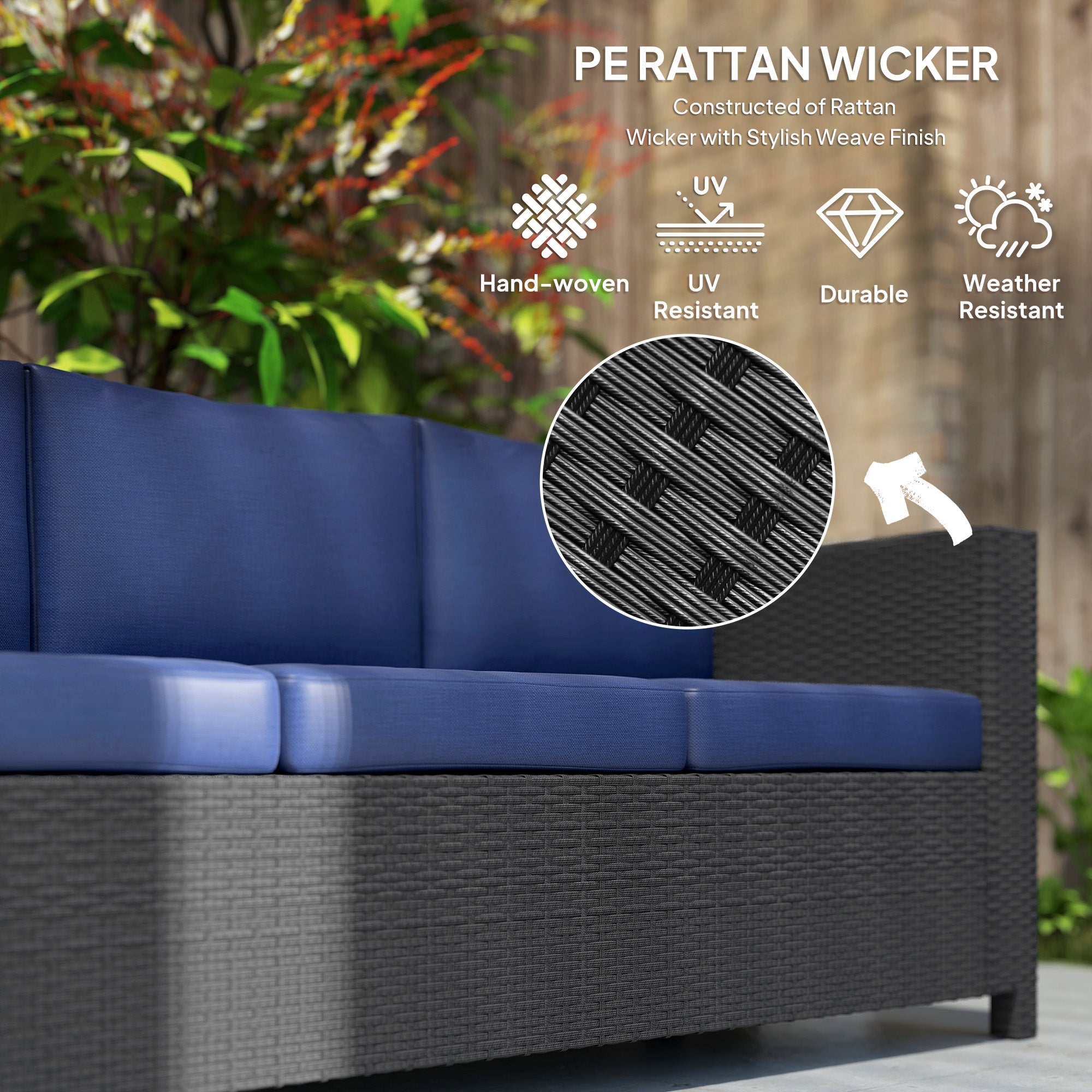 Outsunny Deluxe 3 Seat Rattan Wicker Sofa Garden Outdoor Patio Furniture with Cushion, Navy Blue 