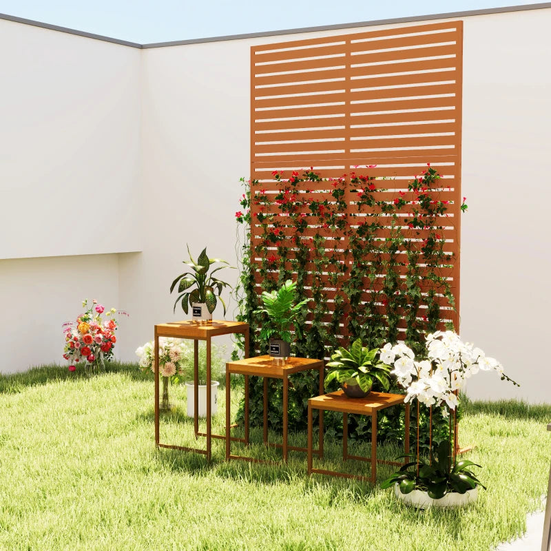 Decorative Outdoor Privacy Panel, Freestanding Metal Outdoor Divider with Stand for Garden, Backyard, Deck, Pool, Brown