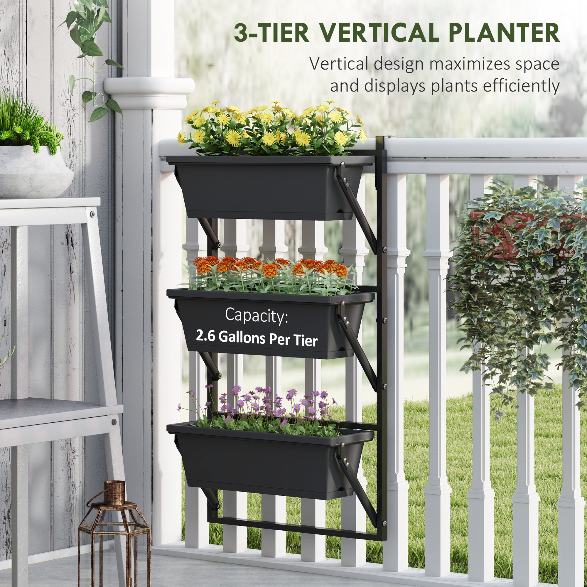 Outsunny 3-Tier Wall-Mounted Planter Box with 3 Pots, Vertical Planters for Outdoor Plants, Dark Grey 