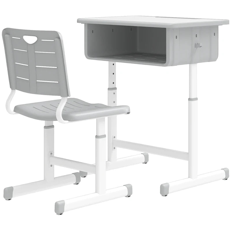 Qaba Kids Desk and Chair Set, Height Adjustable Children Study Desk and Chair with Drawer, Study Table for Bedroom, Grey