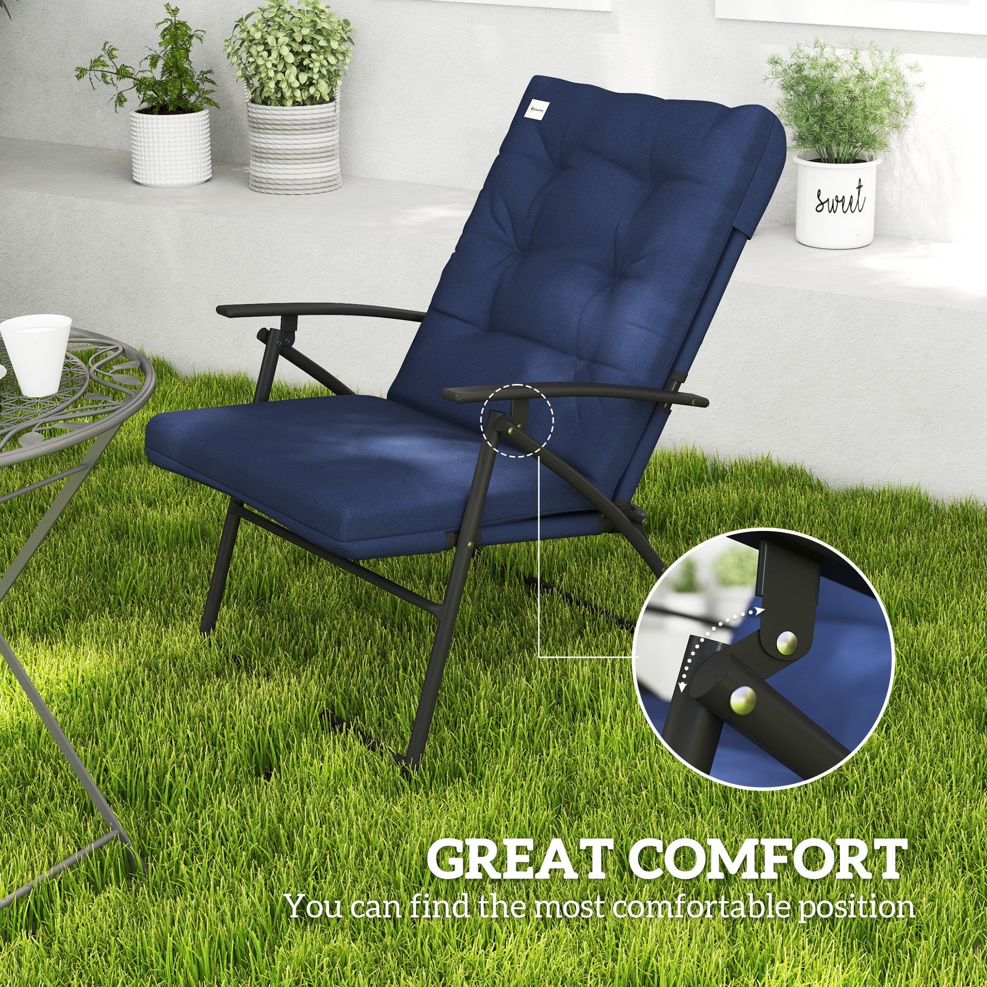 Outsunny Set of 2 Outdoor Folding Chairs with Adjustable Backrest, Padded Camping Chairs for Outdoor Events, Blue 
