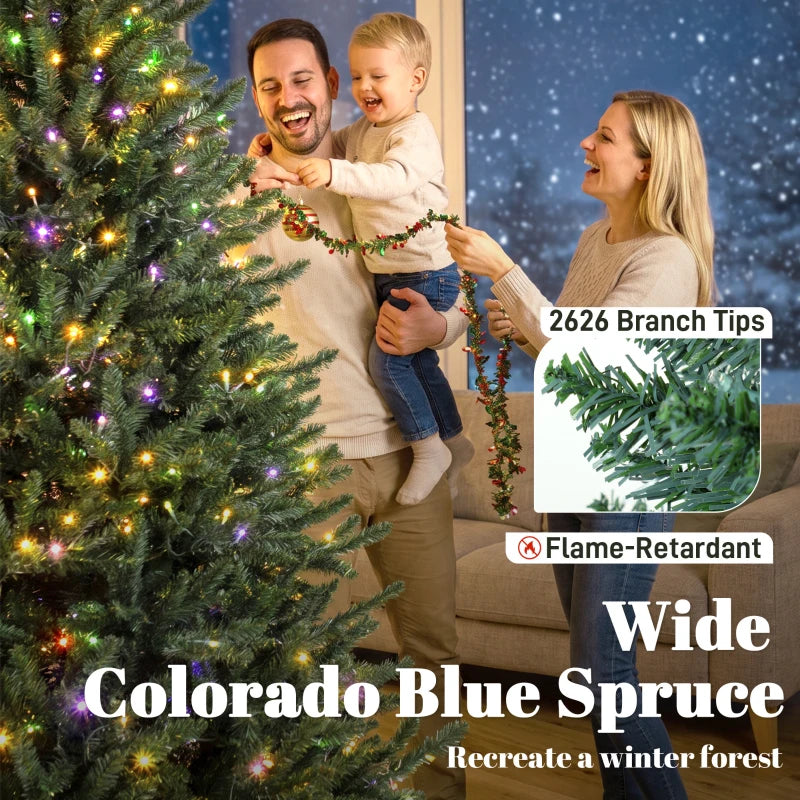 HOMCOM 7.5ft Prelit Christmas Tree, Colorado Blue Spruce, Easy Plug, Hinged Xmas Tree with Warm White & Multi-Color LED Lights