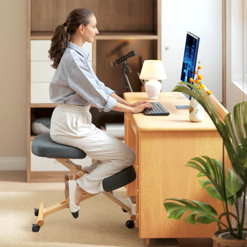 Ergonomic Kneeling Chair, Posture Chair with Rubberwood Frame, Wheels for Office, Posture Correction, Dark Grey