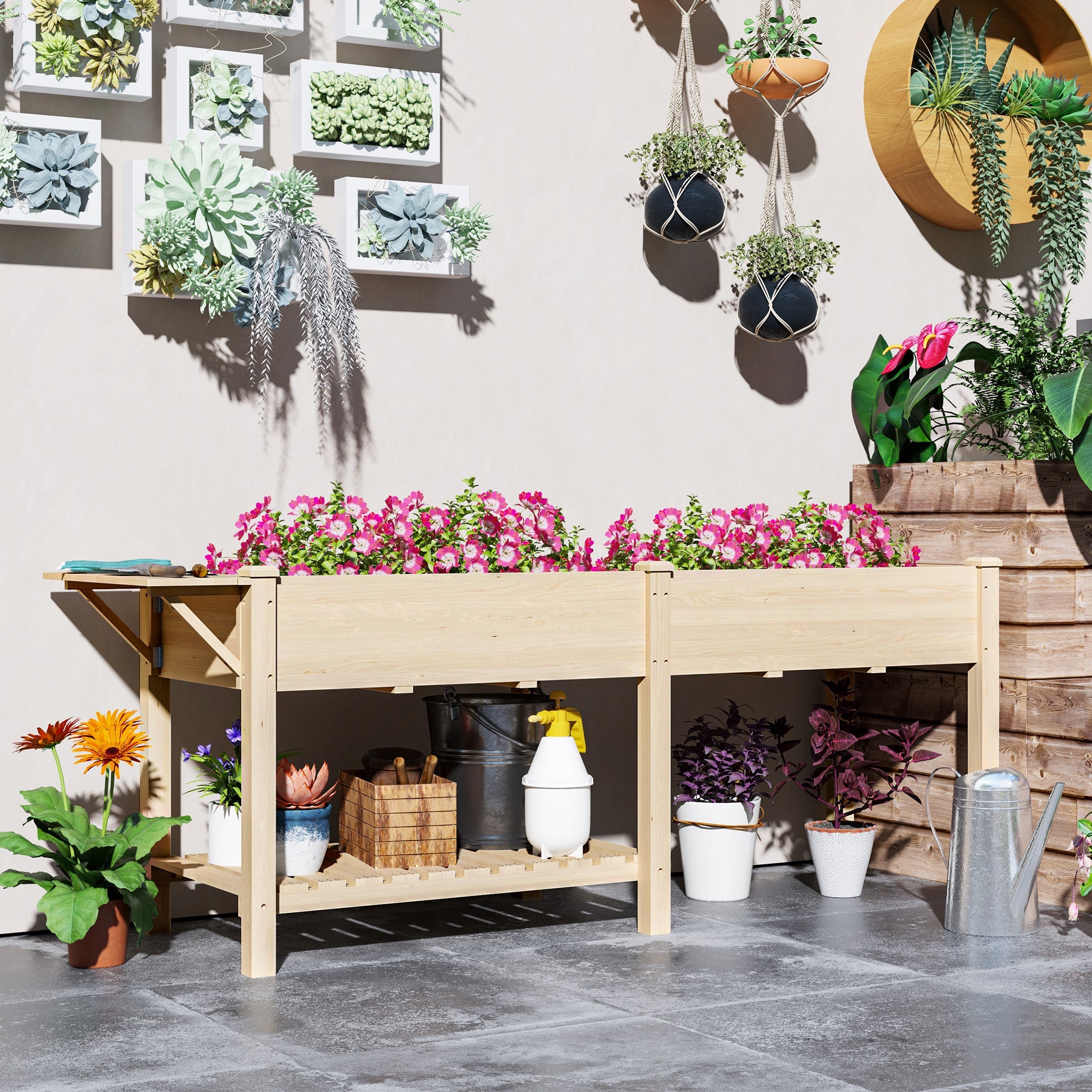Outsunny Raised Garden Bed, Wood Planter Box with Side Table, Bottom Shelf, Bed Liners and Drainage Holes, Natural 